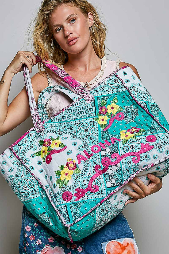 'Aloha' Embroidered Quilted Tote Bag - Mint by POL