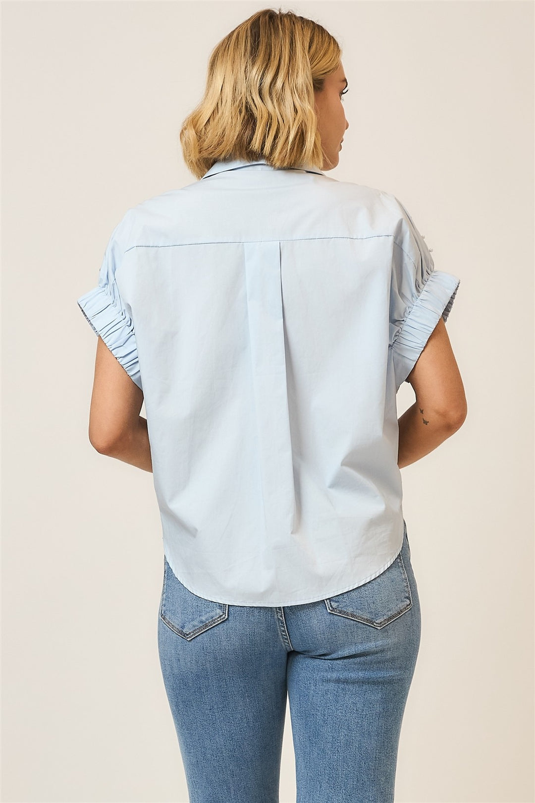 Pearl Studded Cap Sleeve Button Up Top - Light Blue by Cozy Co