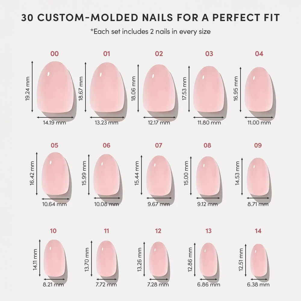 Size chart for Glamnetic blush pink short oval press-on nails showing 15 custom-molded sizes (00–14) with millimeter dimensions ranging from 19.24mm x 14.19mm to 12.51mm x 6.38mm on light gray background
