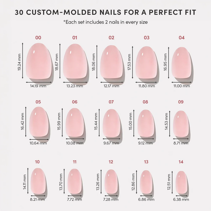 Size chart for Glamnetic blush pink short oval press-on nails showing 15 custom-molded sizes (00–14) with millimeter dimensions ranging from 19.24mm x 14.19mm to 12.51mm x 6.38mm on light gray background
