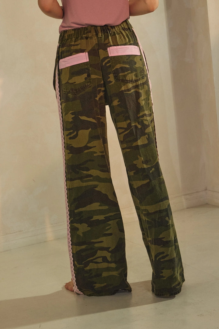 Washed Camo Printed Pants with Pink Lace by Oddi