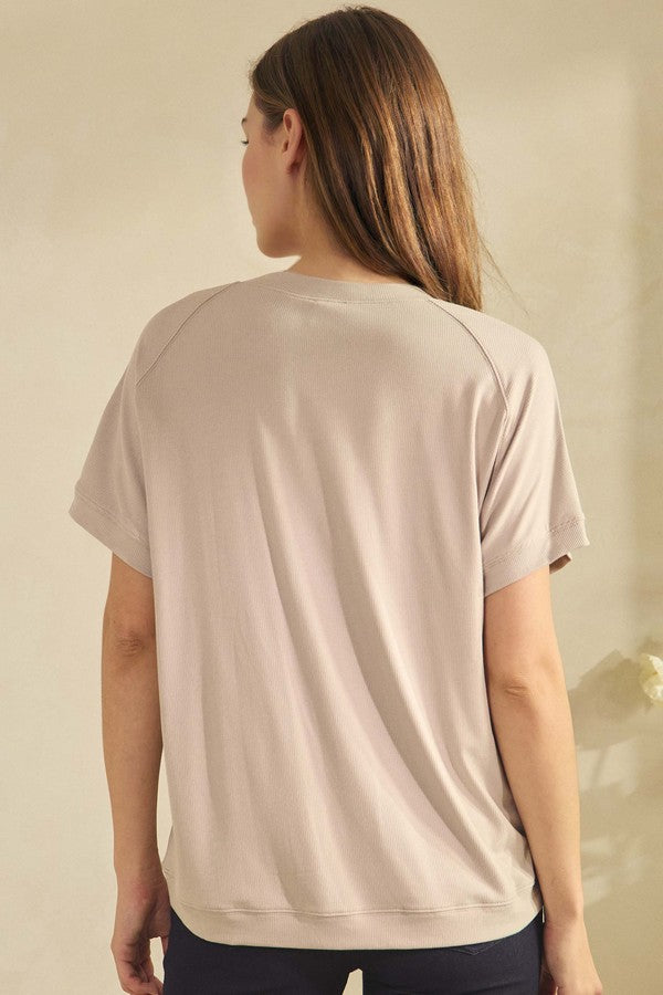 Everyday Soft Ribbed Loose Fit Short Sleeve Top - Light Mocha by Yelete