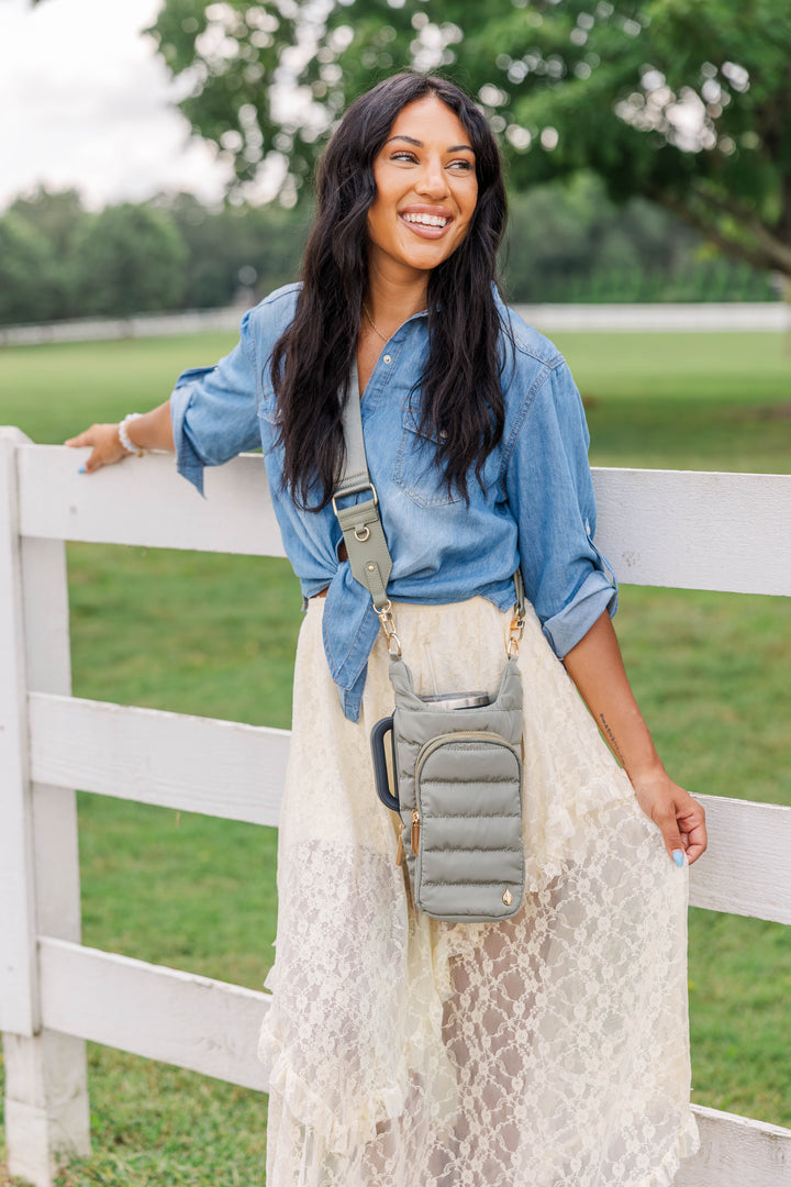 JUNE MARKET: HydroBag® HANDLE® - Sage Green with Solid Vegan Leather Trimmed Strap by Wanderfull (Ships in 2-3 Weeks)