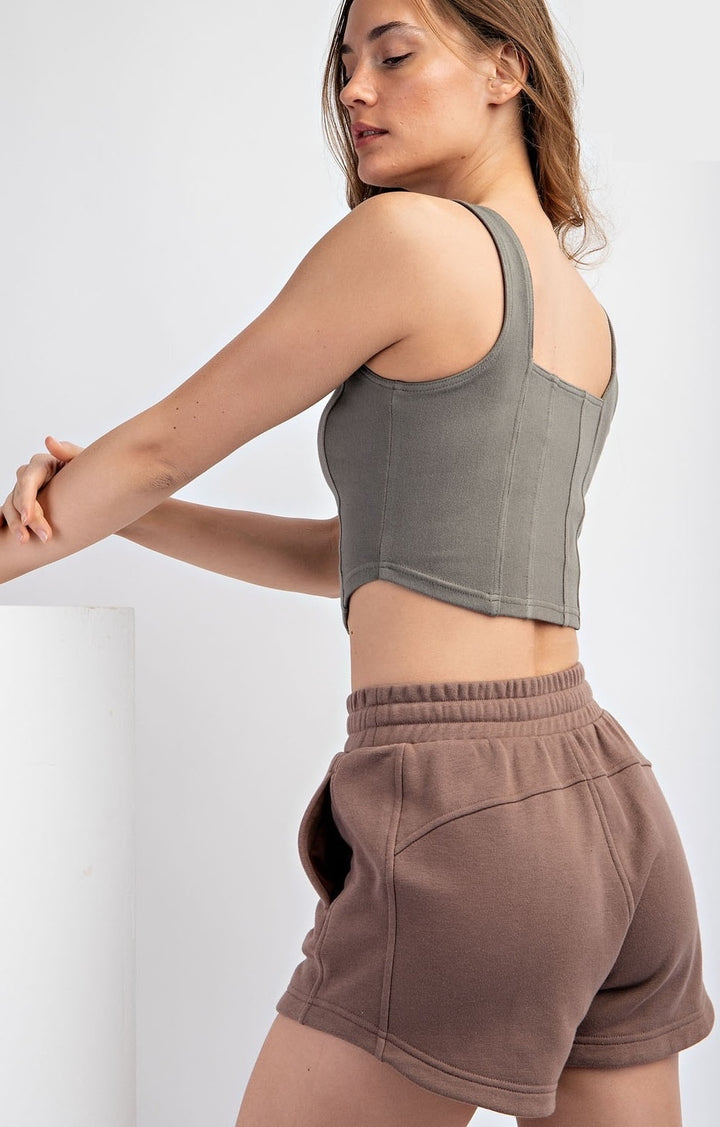 Final Sale: Cotton Stretch Twill Square Neck Crop Top by Rae Mode - Dusty Olive