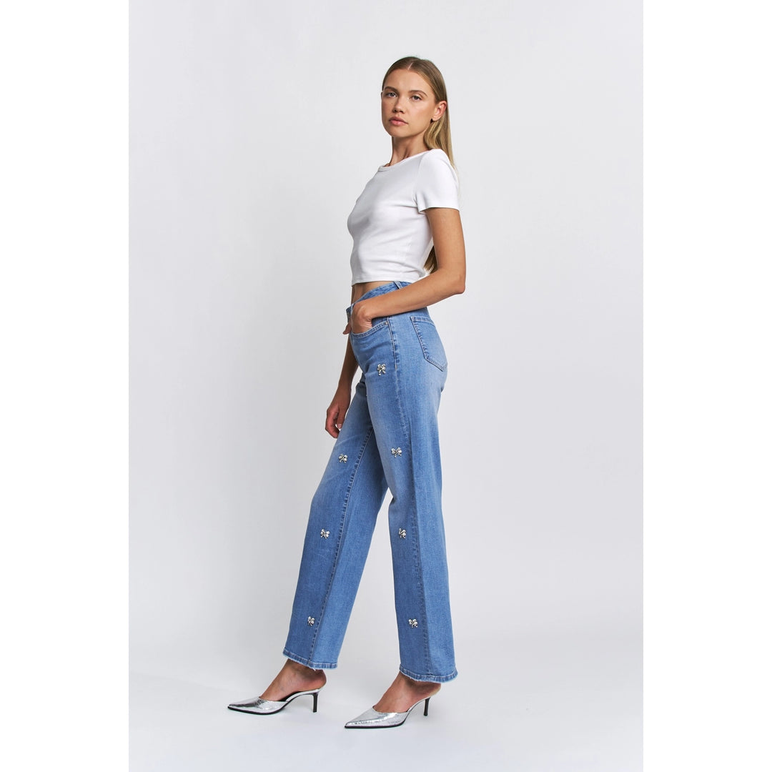Bluish High Rise Wide Leg Bow-Embellished Denim Pants By Mica Denim