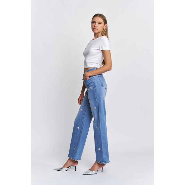 Bluish High Rise Wide Leg Bow-Embellished Denim Pants By Mica Denim
