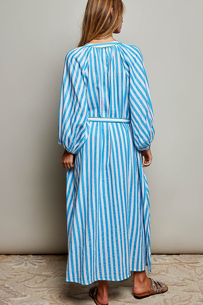 Palm Tree Embroidery Lightweight Striped Maxi Dress - Blue by POL