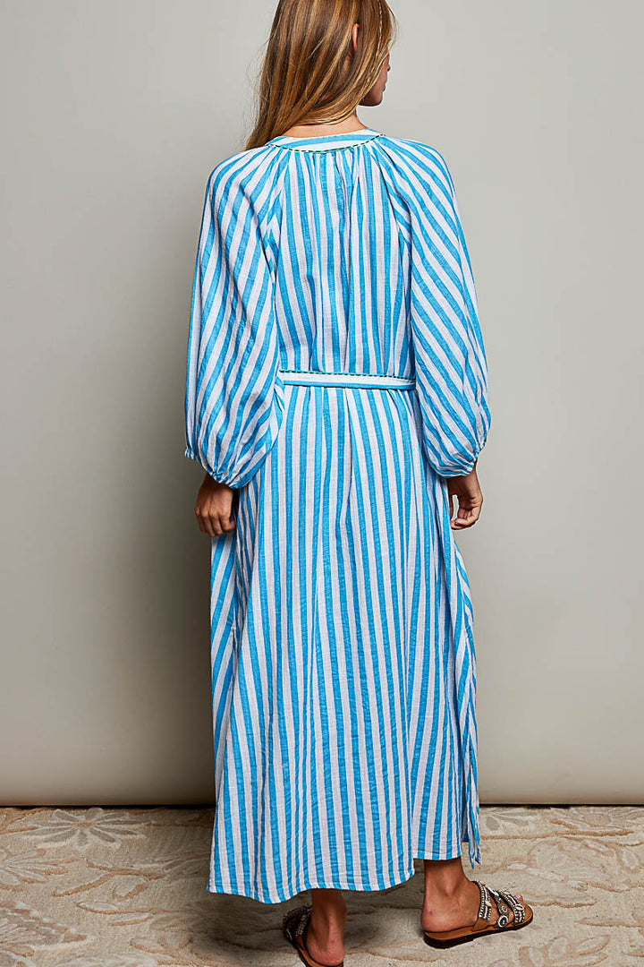 Palm Tree Embroidery Lightweight Striped Maxi Dress - Blue by POL