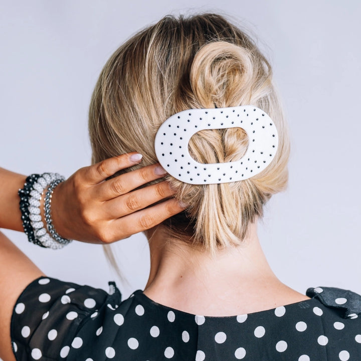 Large Teleties Flat Oval Clip - White Polka Dot Party (Ships Next Week)