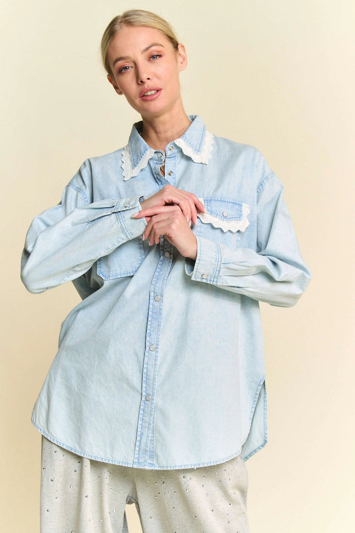 Lace Edge Chambray Button-Up Shirt by Davi & Dani