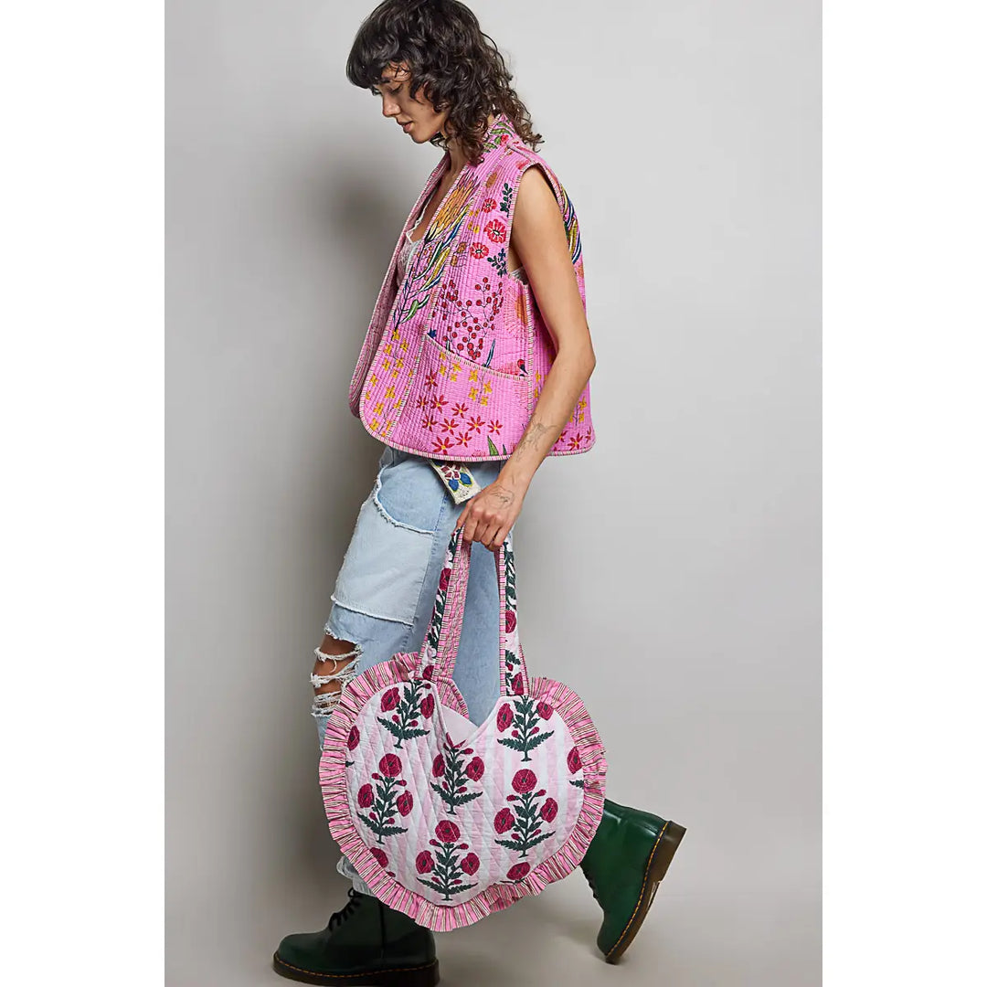 Heart Ruffle Edge Quilted Tote Bag - Ivory Multi by POL