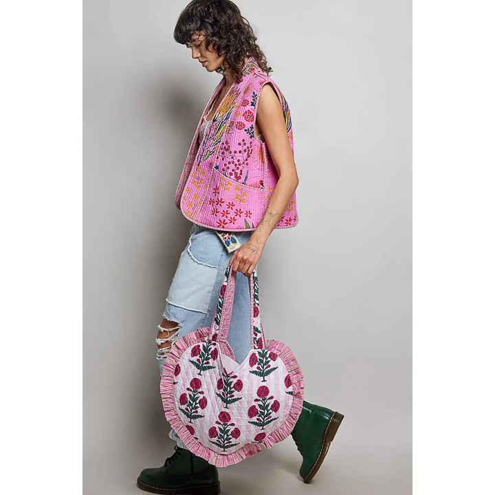 Heart Ruffle Edge Quilted Tote Bag - Ivory Multi by POL