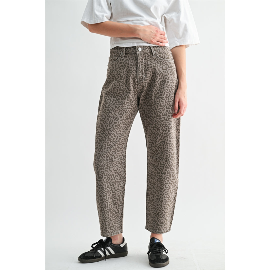 Printed Ash High Rise Straight-Tummy Tuck Ankle Barrel Pants By Mica Denim