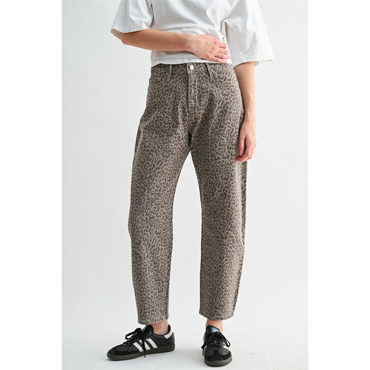 Printed Ash High Rise Straight-Tummy Tuck Ankle Barrel Pants By Mica Denim