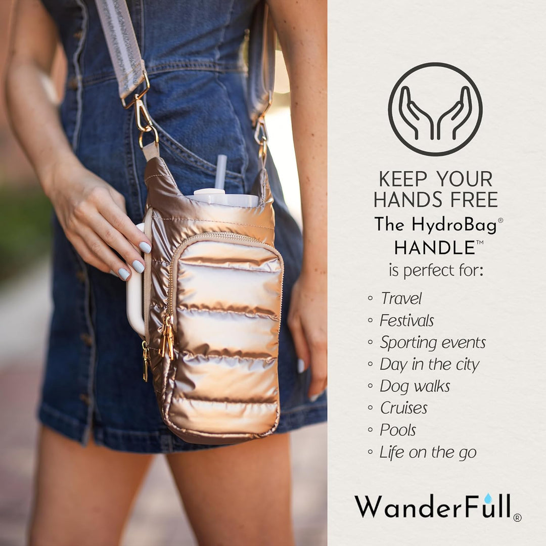 JUNE MARKET: HydroBag® HANDLE®- Gold Shiny with Vegan Leather Trimmed Solid Strap by Wanderfull (Ships in 2-3 Weeks)