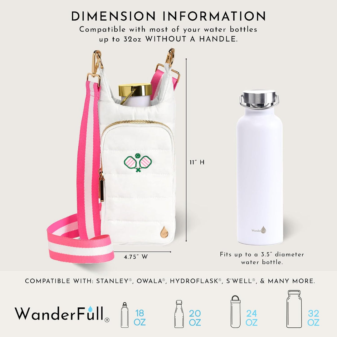 JUNE MARKET: White HydroBag® with Pickleball Embroidery and Striped Strap by Wanderfull (Ships in 2-3 Weeks)