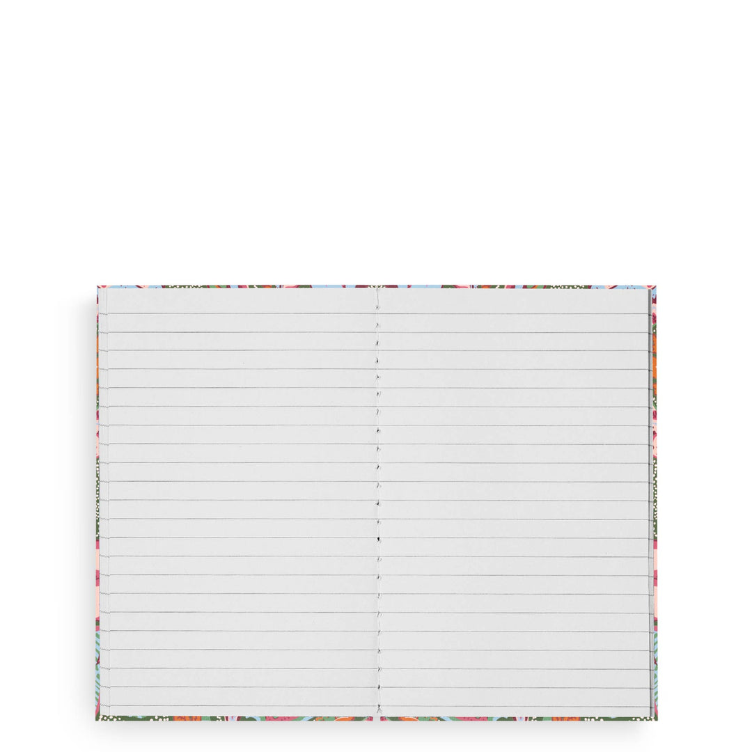 Leaf Me Not Paisley mini notebook shown open, displaying lined interior pages with a colorful paisley patterned border