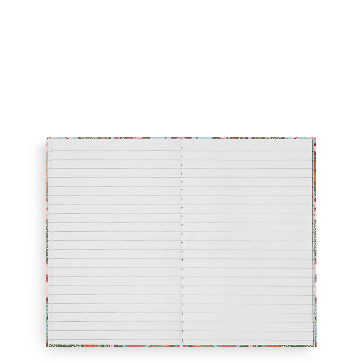 Leaf Me Not Paisley mini notebook shown open, displaying lined interior pages with a colorful paisley patterned border