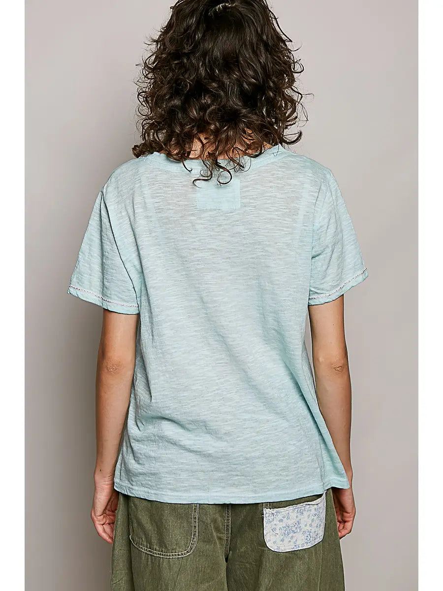Stitched-Detail V-Neck Tee - Aqua by POL