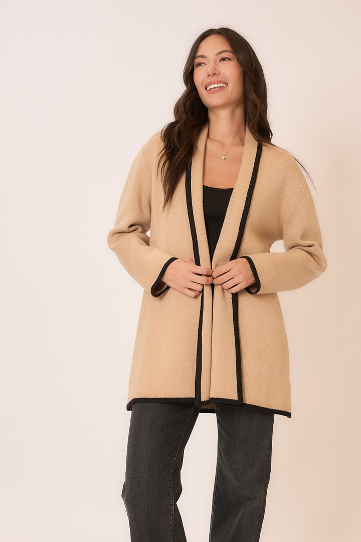 Contrast Hem Stripe Heavy Knit Cardigan - Taupe/Black by Cozy Co