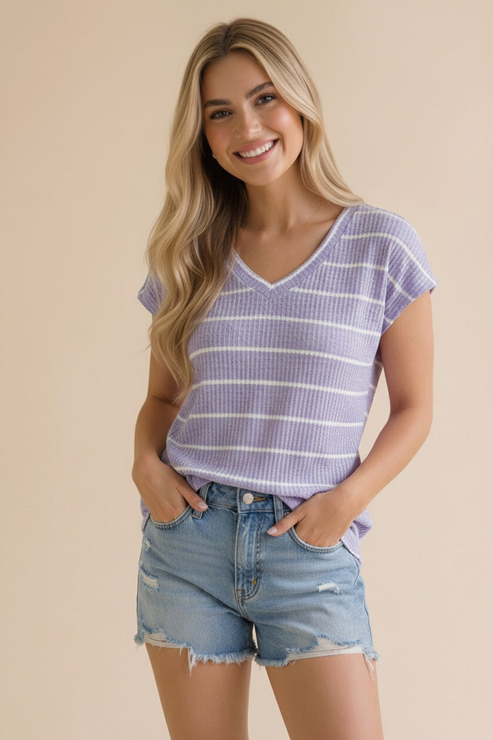 V-Neck Banded Cap Sleeve Top - Lavender Stripe