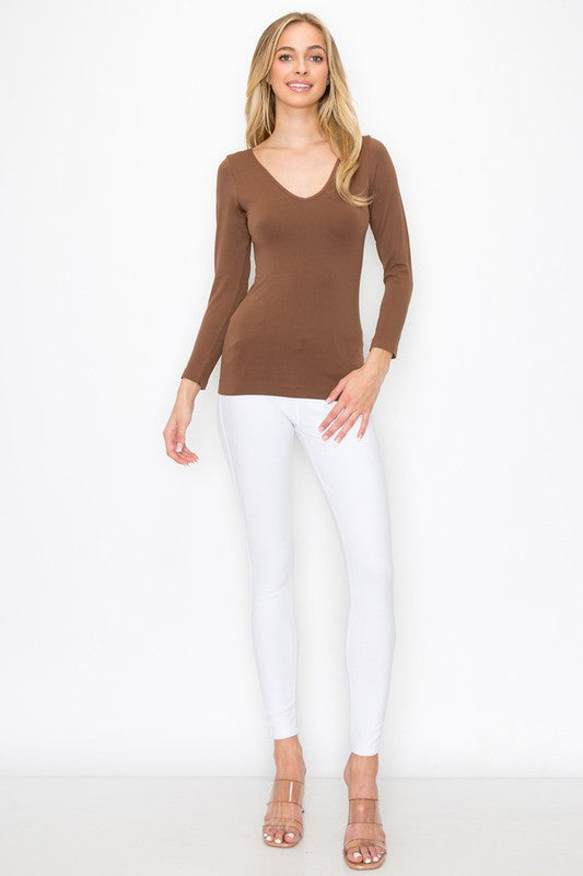 Seamless Reversible V-Neck Long Sleeve Top - Coffee by Yelete