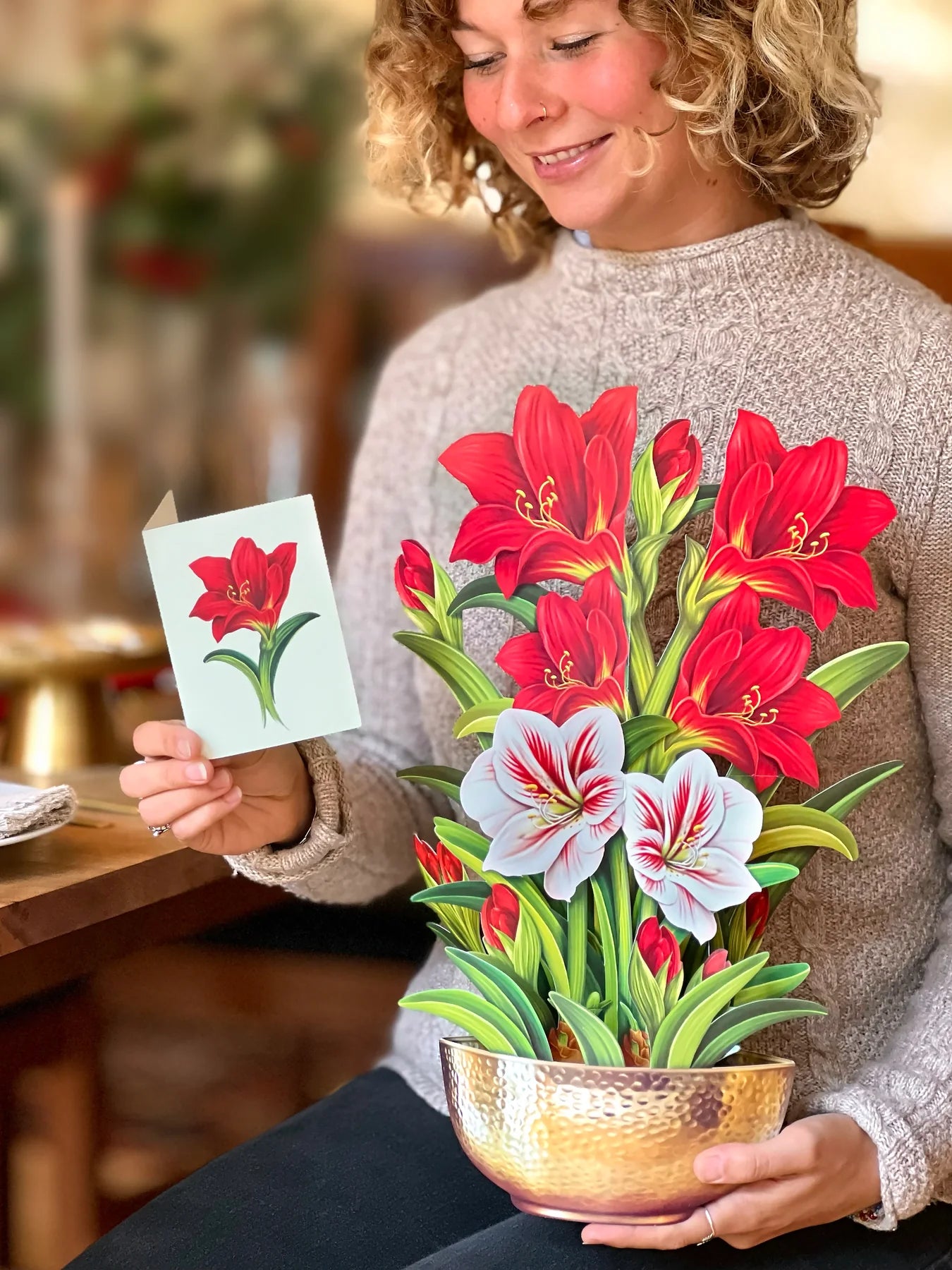 Scarlet Amaryllis Pop Open Flower Bouquet Greeting Card
