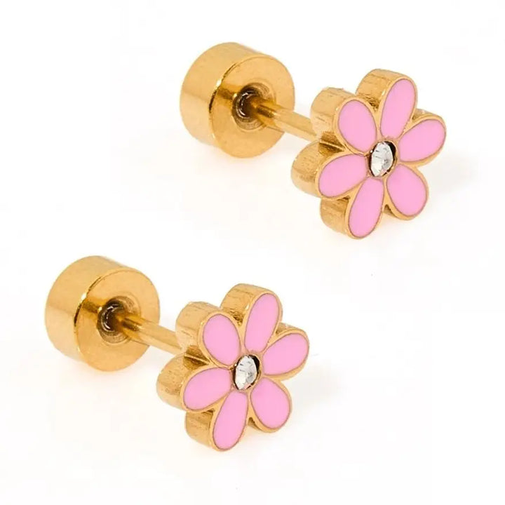 Screwback Stud Earrings - Alli Pink Flower By Linny Co