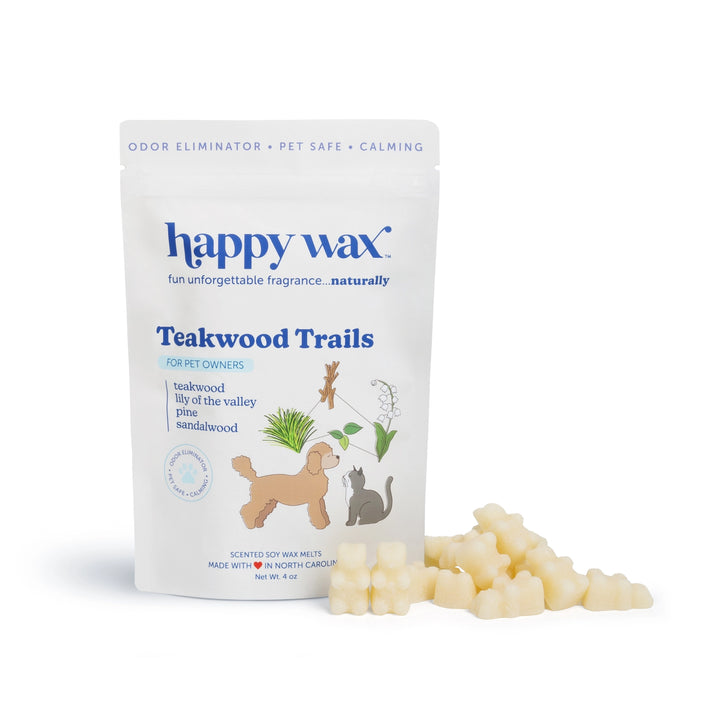 Happy Wax Teakwood Trails white pouch for pet owners with white bear-shaped wax melts in front, on a white background.