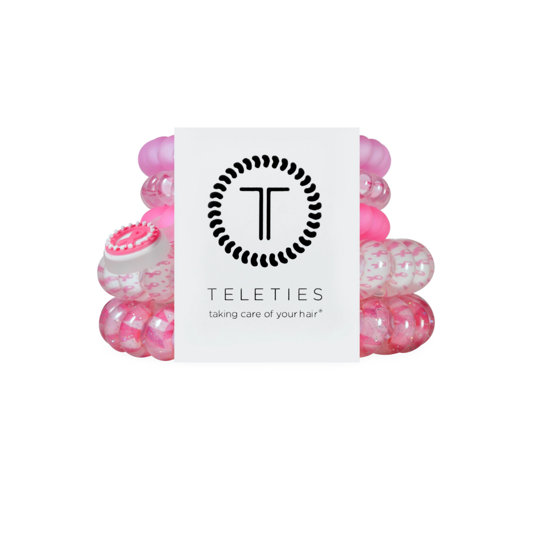 Teleties Hair Tie - Large and Small Band Pack of 5 - Breast Cancer Awareness (Ships Next Week)