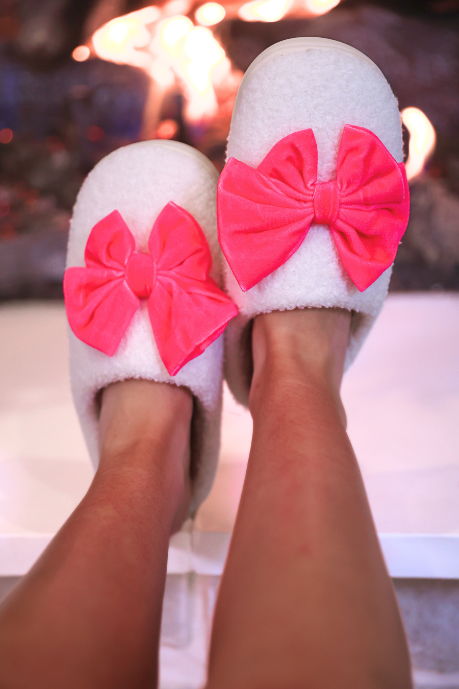 Cozy Bow Slippers- White/Hot Pink by Jess Lea (PREORDER: Ships in October)