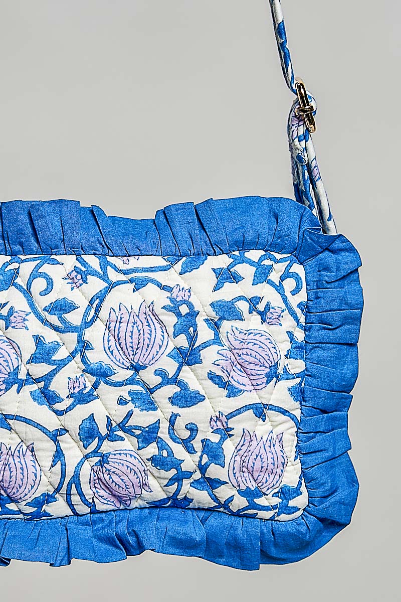 APRIL ARRAY: Blue Floral Ruffle Crossbody Bag by POL (Ships Late June)