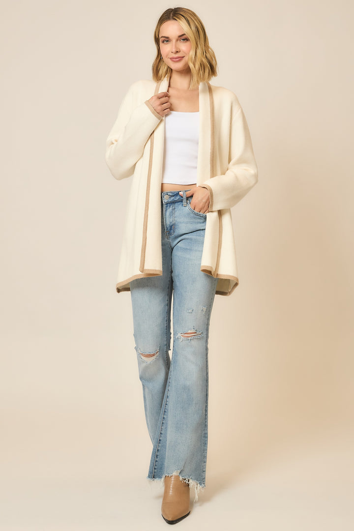 Contrast Hem Stripe Heavy Knit Cardigan - Cream/Taupe by Cozy Co