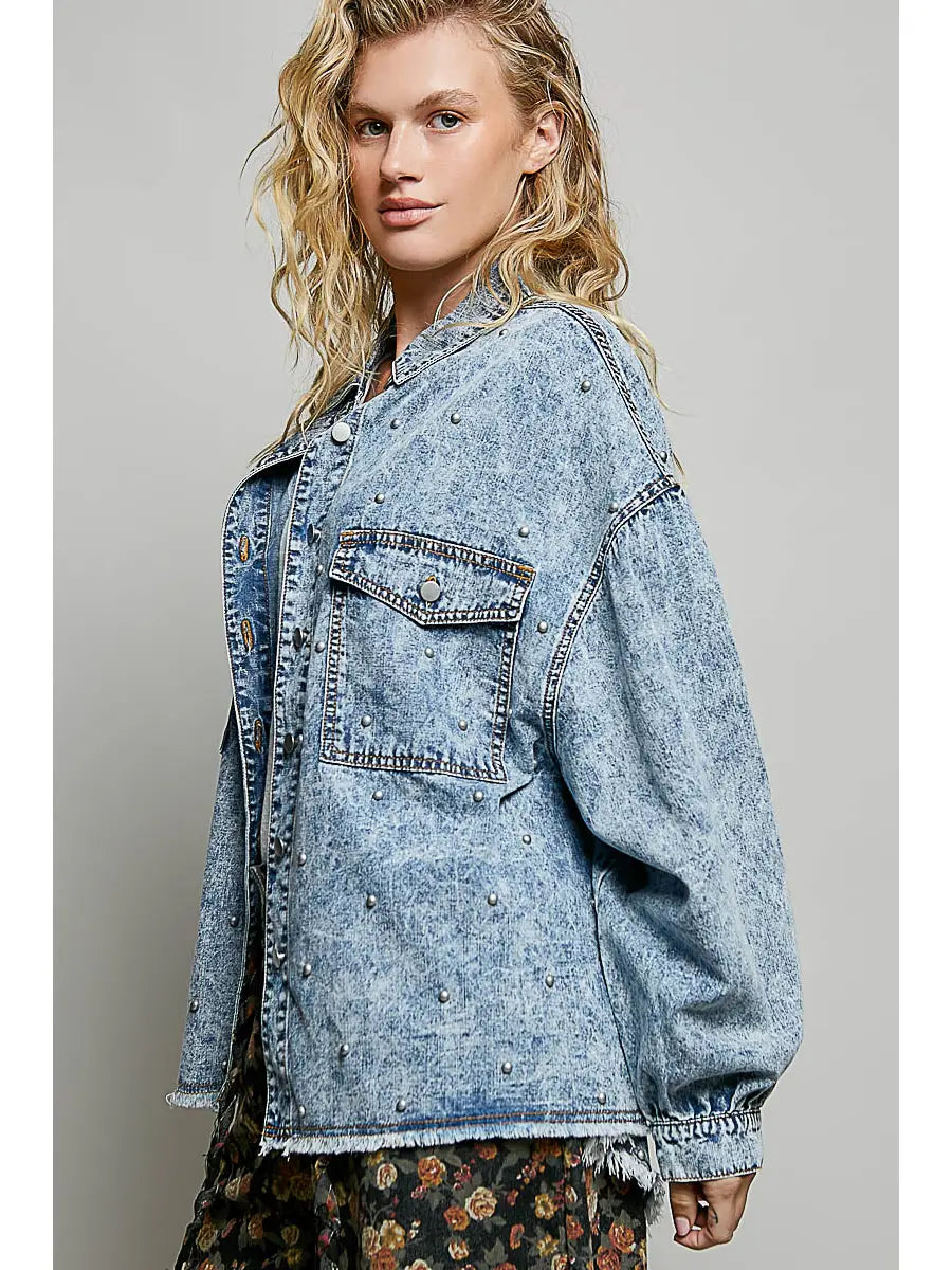 Studded Oversized Utility Denim Jacket by POL