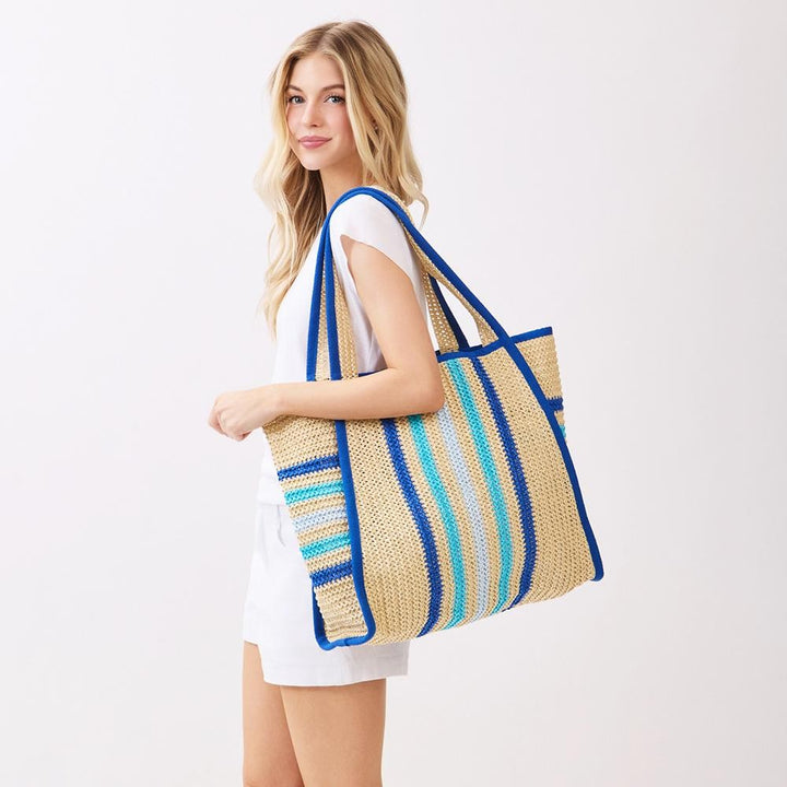 Multi Color Stripe Straw Tote Bag - Blue