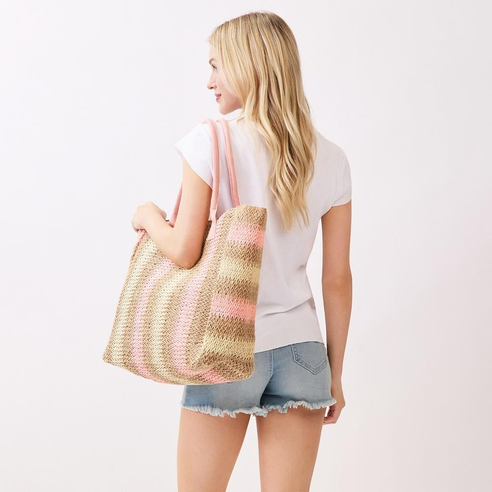 Multi Color Straw Tote Bag - Pink