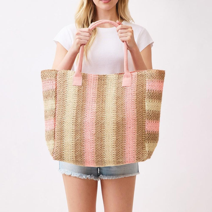 Multi Color Straw Tote Bag - Pink