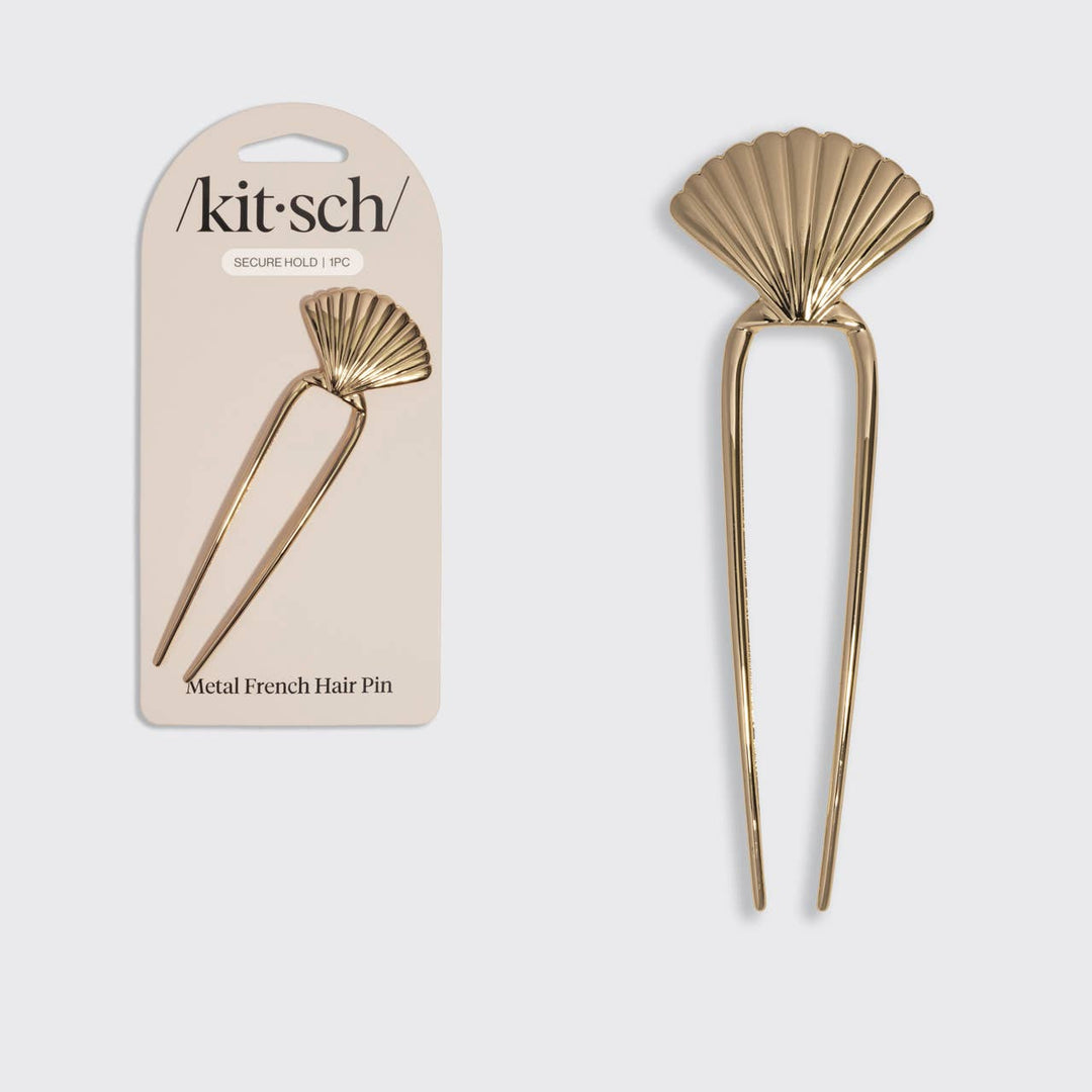 Kitsch Metal French Hair Pin with a gold scallop shell top, shown next to its retail packaging card labeled "Secure Hold, 1PC" on a white background.