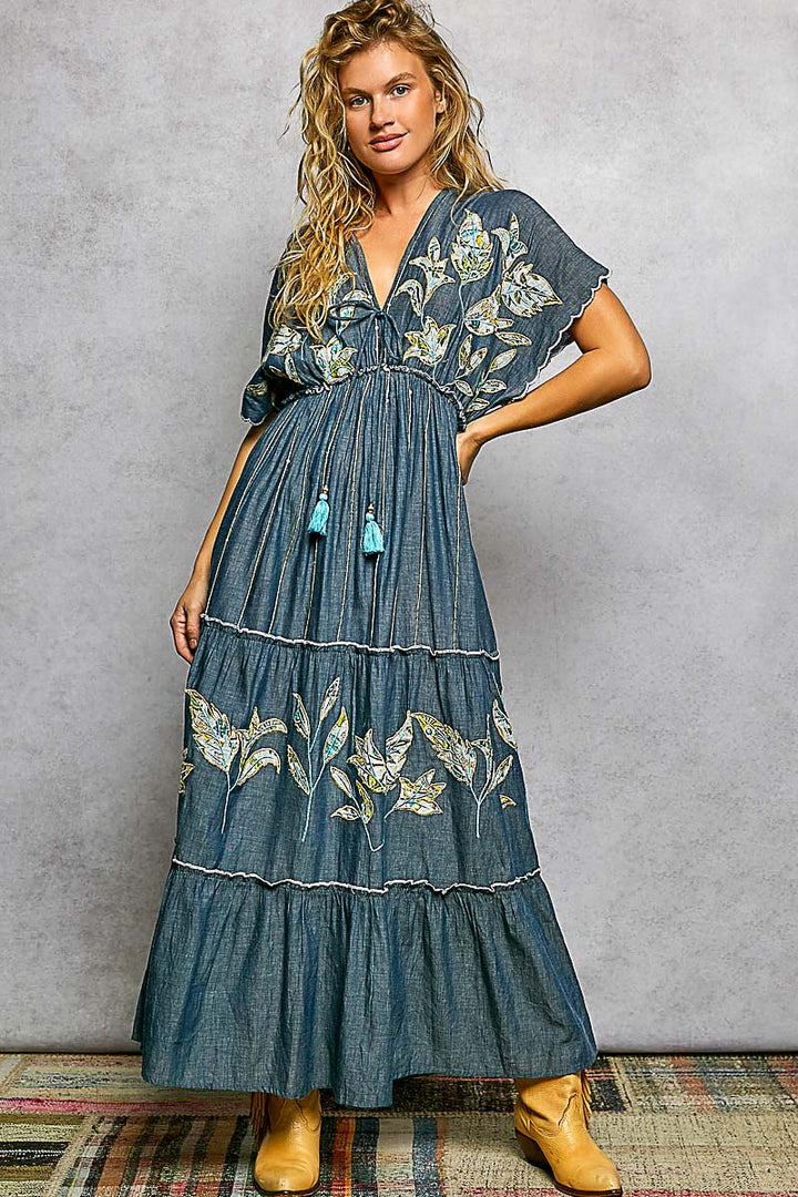 Embroidered Neck Loop Deep V-Neck Maxi Dress - Deep Denim by POL