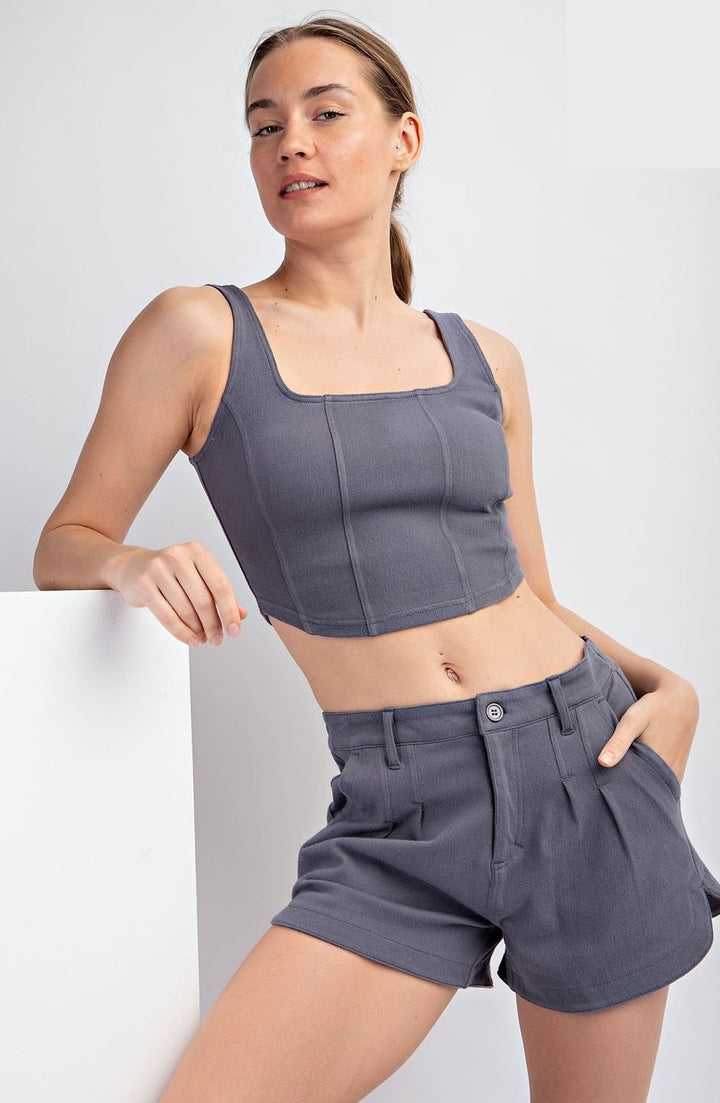 Final Sale: Cotton Stretch Twill Square Crop Top by Rae Mode - Titanium