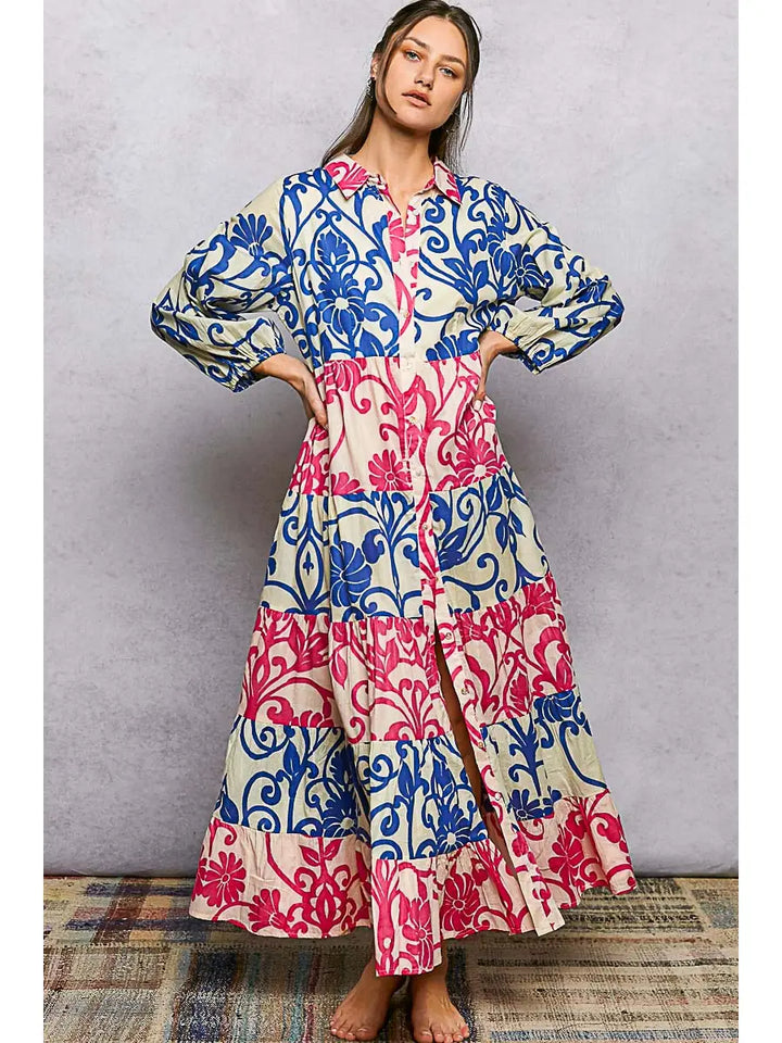Button-Front Bold Colorful Maxi Dress - Pink & Blue by POL
