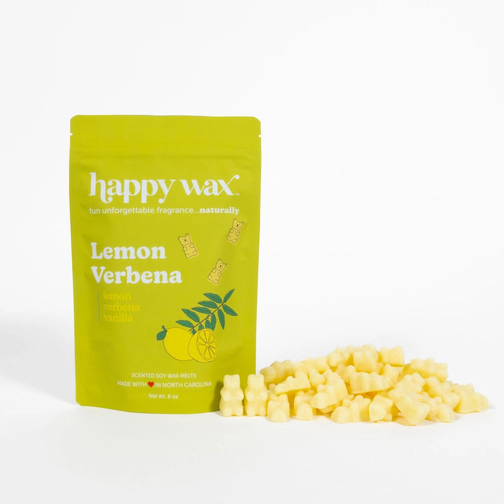 Happy Wax Lemon Verbena yellow-green pouch with yellow bear-shaped wax melts piled in front, on a white background.