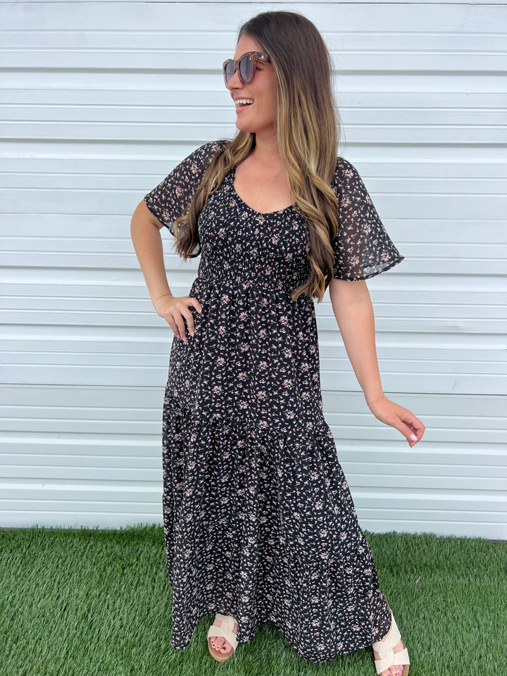 Short Sleeve Black Floral Woven Dress By White Birch