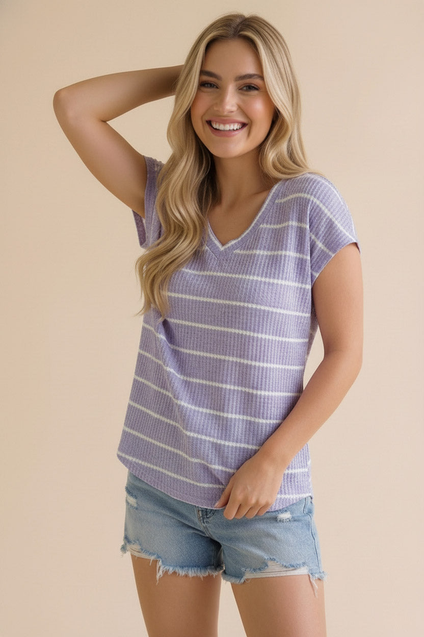 V-Neck Banded Cap Sleeve Top - Lavender Stripe