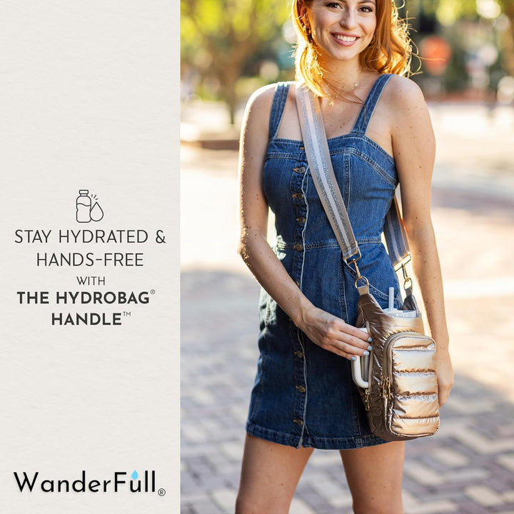 JUNE MARKET: HydroBag® HANDLE®- Gold Shiny with Vegan Leather Trimmed Solid Strap by Wanderfull (Ships in 2-3 Weeks)
