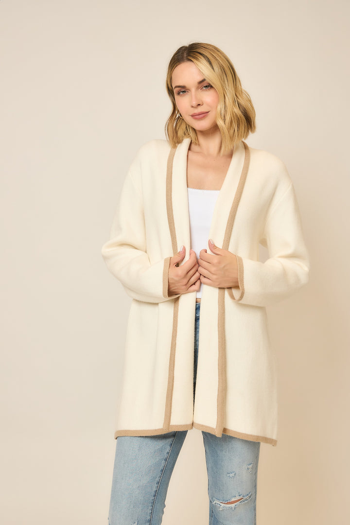 Contrast Hem Stripe Heavy Knit Cardigan - Cream/Taupe by Cozy Co