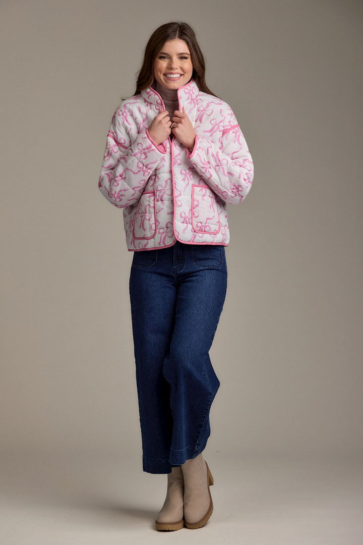 White & Pink Cher Bow Jacket by Mud Pie