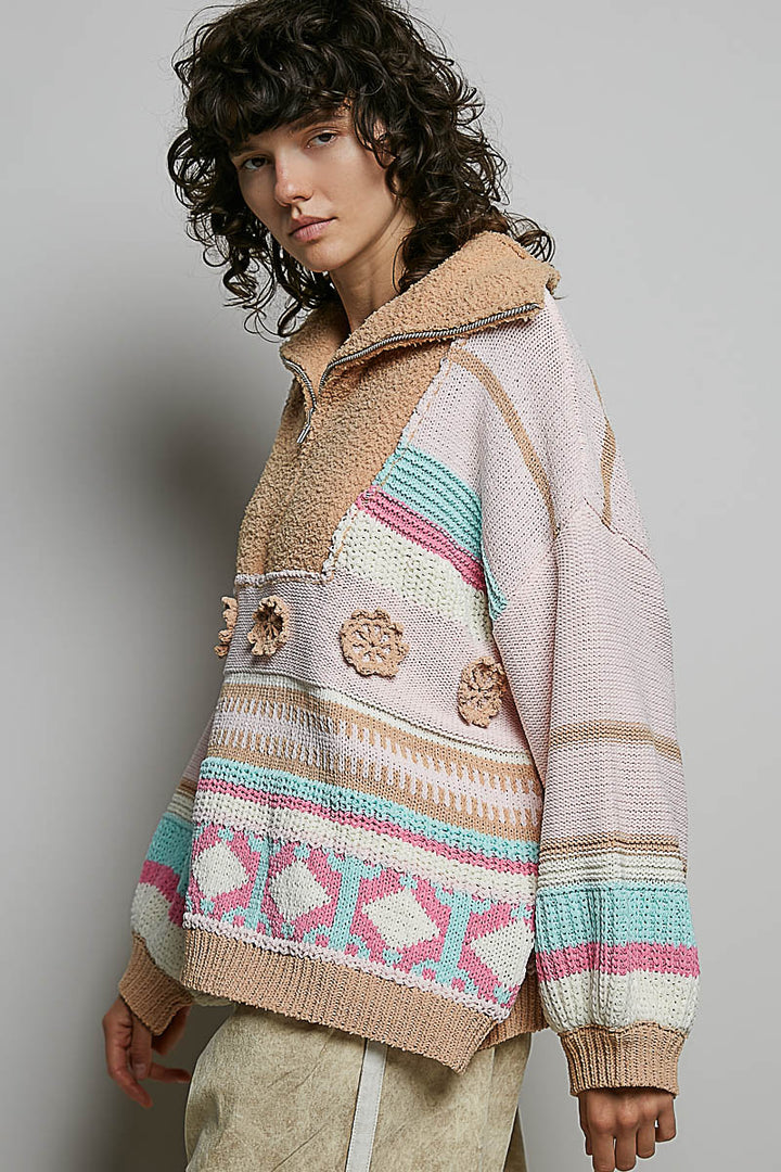 High Collar Half-Zip Color Block Pullover Sweater - Blush Multi by POL