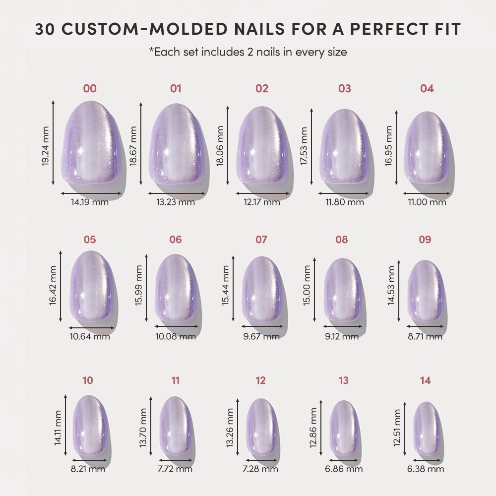 Size chart for Glamnetic Mermaid's Tail Press-On Nails showing 15 custom-molded short oval iridescent lavender nail sizes (00–14) with measurements ranging from 6.38mm to 14.19mm wide and 12.51mm to 19.24mm long