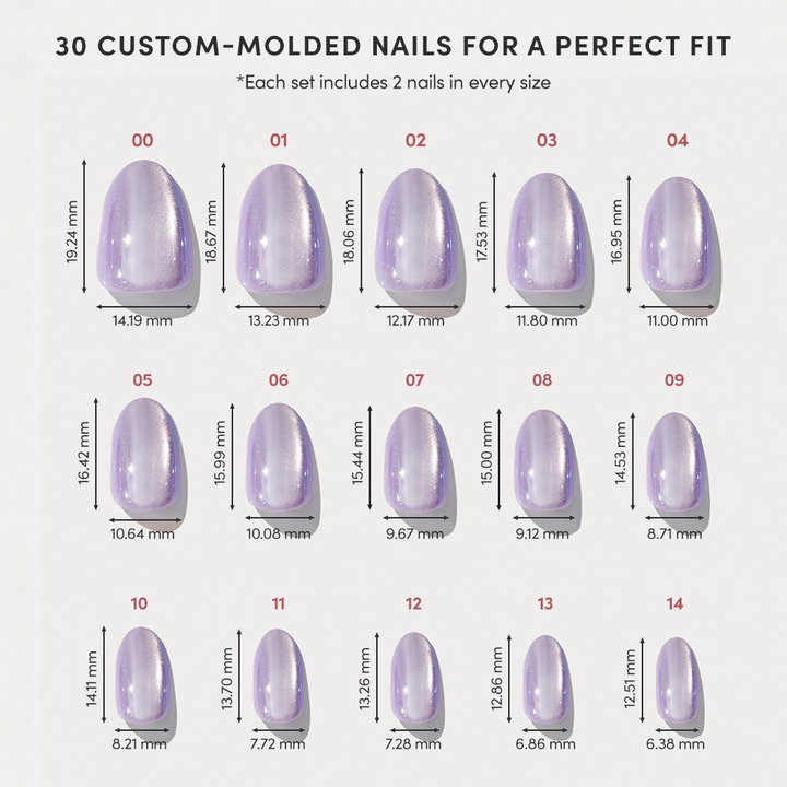 Size chart for Glamnetic Mermaid's Tail Press-On Nails showing 15 custom-molded short oval iridescent lavender nail sizes (00–14) with measurements ranging from 6.38mm to 14.19mm wide and 12.51mm to 19.24mm long